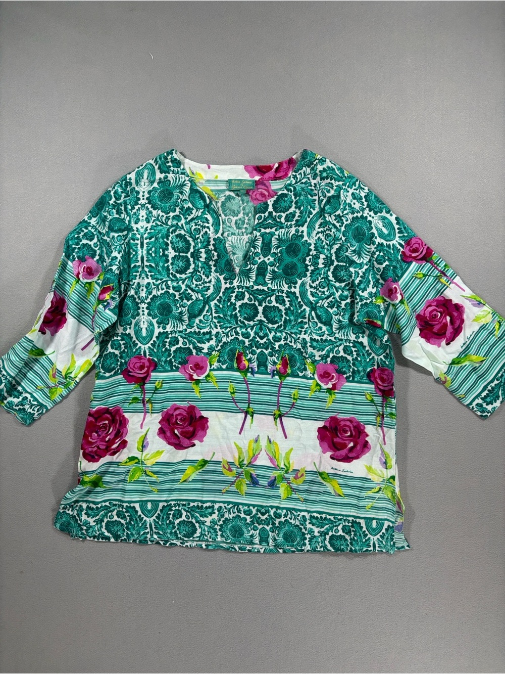 Antica Sartoria Floral Green & Magenta Boho Tunic viscose XL